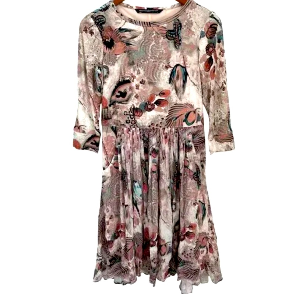 Peruvian Connection 
Painterly Floral Prairie 3/4 midi
lined shift drop Dress XS